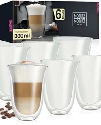 Moritz & Moritz Szklanki do latte macchiato z podwójnymi ściankami, 6 x 300 ml, szklanki do latte macchiato, dwuścienne szklanki do kawy, herbaty – nadają się do mycia w zmywarce
