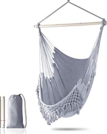 Chihee Krzesło hamakowe duże relaksujące wiszące krzesło huśtawkowe, bawełniany splot dla najwyższego komfortu, eleganckie frędzle, kreatywny metal, mocny drążek, 3-częściowe połączenie, zdejmowane, łatwe w instalacji