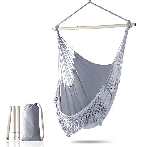 Chihee Krzesło hamakowe duże relaksujące wiszące krzesło huśtawkowe, bawełniany splot dla najwyższego komfortu, eleganckie frędzle, kreatywny metal, mocny drążek, 3-częściowe połączenie, zdejmowane, łatwe w instalacji