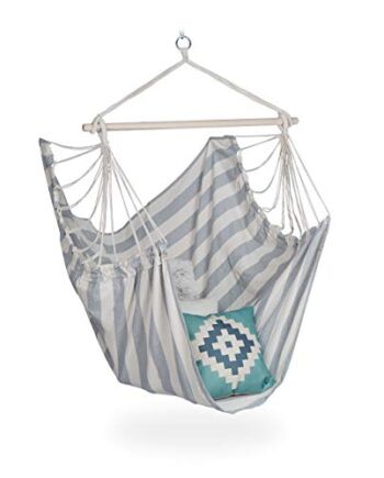 Relaxdays Fotel wiszący, XL fotel wiszący z bawełny, dla dzieci i dorosłych, do zawieszenia, wewnątrz i na zewnątrz, 150 kg, szary/biały