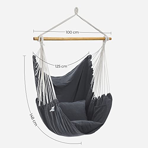 SONGMICS Fotel wiszący, huśtawka wisząca, krzesło z 2 poduszkami, metalowy łańcuch, obciążenie do 150 kg, do wewnątrz i na zewnątrz, salon, sypialnia, ciemnoszary GDC187G02 - obrazek 6