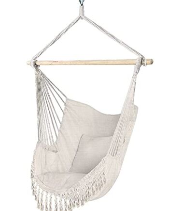VOUNOT Miękkie bawełniane wiszące krzesło z 2 poduszkami wiszące, wiszące siedzisko do wewnątrz i na zewnątrz, przenośny hamak z frędzlami beżowy