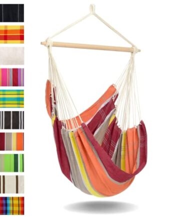 AMAZONAS Duży fotel wiszący wykonany ręcznie w Brazylii Brazylii Acerola z poprzeczką z drewna bukowego FSC od 110 cm do 150 kg kolorowe paski