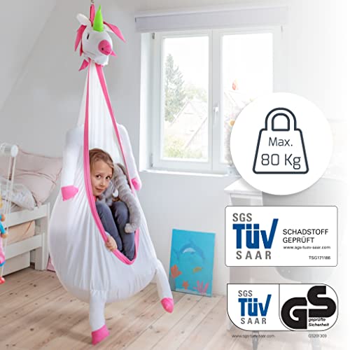 Snuutje Wisząca huśtawka dla dzieci (sprawdzona pod kątem obecności substancji szkodliwych i z certyfikatem GS, wykonana w 100% z bawełny, wytrzymuje obciążenie do 80 kg, z akcesoriami) jednorożec - obrazek 5