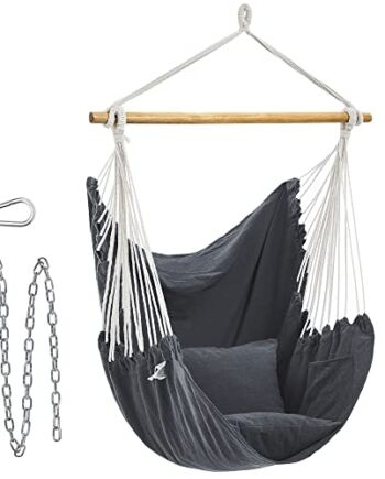 SONGMICS Fotel wiszący, huśtawka wisząca, krzesło z 2 poduszkami, metalowy łańcuch, obciążenie do 150 kg, do wewnątrz i na zewnątrz, salon, sypialnia, ciemnoszary GDC187G02