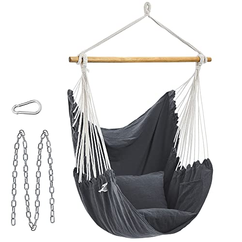 SONGMICS Fotel wiszący, huśtawka wisząca, krzesło z 2 poduszkami, metalowy łańcuch, obciążenie do 150 kg, do wewnątrz i na zewnątrz, salon, sypialnia, ciemnoszary GDC187G02