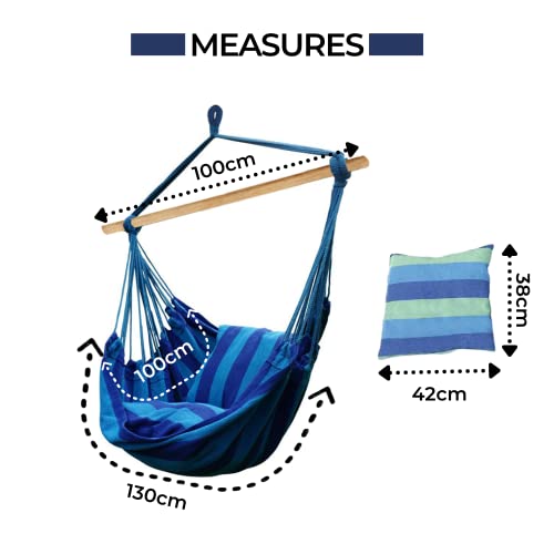 Fotel Wiszący Bawełniany z 2 Poduszkami i Podpórka do Drewna. Hamak do Siedzenia do Użytku do Wewnątrz i na Zewnątrz (Dom, Pokój Dziecięcy, Ogród) Obciążenie120kg. (130x100cm) - obrazek 6