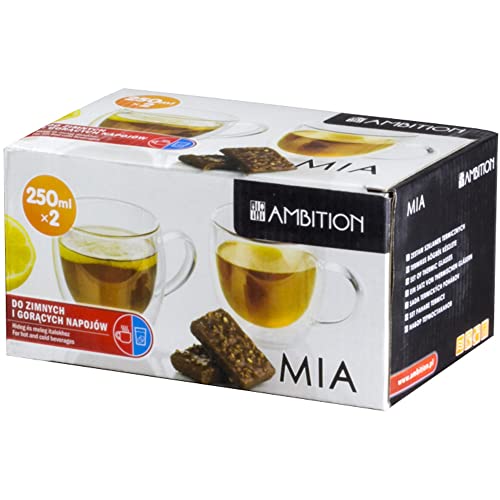 Ambition 96858 Dwuścienne Mia 2 szt. 250 ml zestaw szklanek do latte macchiato filiżanki do kawy ze szkła z uchem szkło termiczne cappuccino kawa herbata mleko idealny pomysł na prezent, 250 ml - obrazek 2