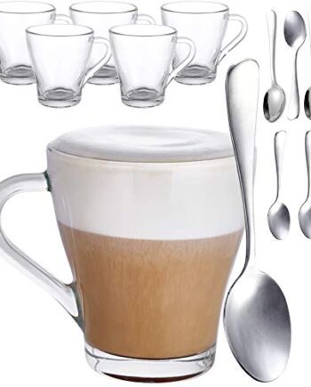 Zestaw 6 szklanek do cappuccino z uchem i łyżeczką, 250 ml, utrzymuje