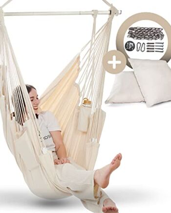 Fotel wiszący do użytku wewnątrz i na zewnątrz, fotel wiszący bez ramy, huśtawka wisząca dla dorosłych i dzieci, z podnóżkiem i poduszką (beżowy z zestawem mocującym)