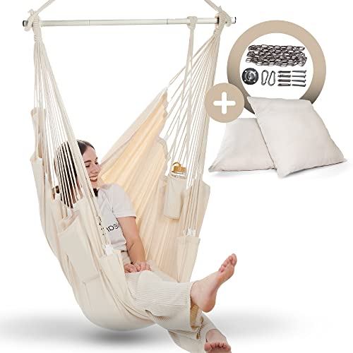 Fotel wiszący do użytku wewnątrz i na zewnątrz, fotel wiszący bez ramy, huśtawka wisząca dla dorosłych i dzieci, z podnóżkiem i poduszką (beżowy z zestawem mocującym)