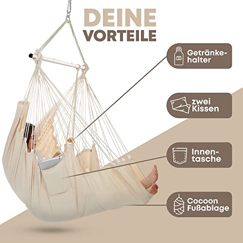 Fotel wiszący do użytku wewnątrz i na zewnątrz, fotel wiszący bez ramy, huśtawka wisząca dla dorosłych i dzieci, z podnóżkiem i poduszką (beżowy z zestawem mocującym) - obrazek 3