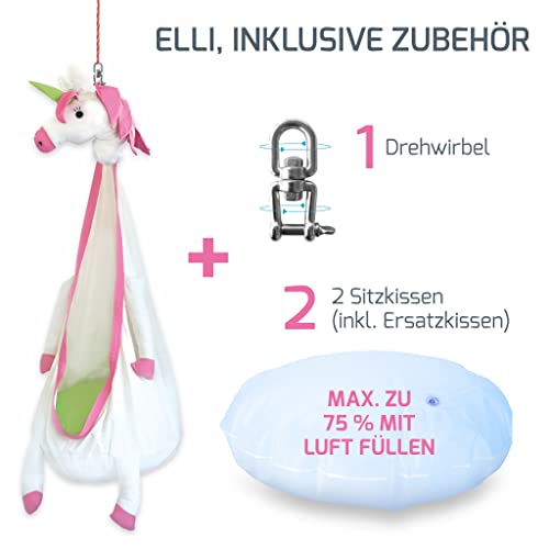 Snuutje Wisząca huśtawka dla dzieci (sprawdzona pod kątem obecności substancji szkodliwych i z certyfikatem GS, wykonana w 100% z bawełny, wytrzymuje obciążenie do 80 kg, z akcesoriami) jednorożec - obrazek 6