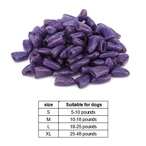 Hffheer Nakładki na paznokcie dla psów, 100 sztuk, kolorowe, miękkie nakładki na pazury dla zwierząt domowych, do kontroli łap za pomocą kleju i aplikatorów, fioletowe L - obrazek 6