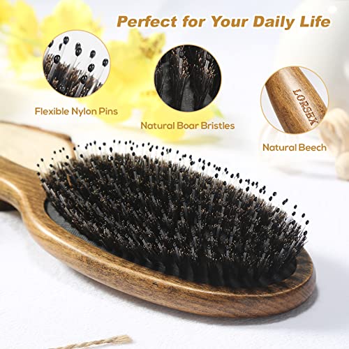 LORSEX Drewniana szczotka do włosów z włosiem dzika i węzeł wygładzający masaż grzebień do włosów poduszka powietrzna szczotka do włosów w buku (kawowy brąz) - obrazek 7