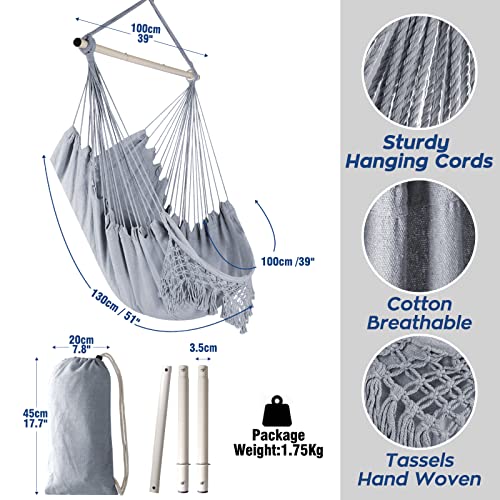 Chihee Krzesło hamakowe duże relaksujące wiszące krzesło huśtawkowe, bawełniany splot dla najwyższego komfortu, eleganckie frędzle, kreatywny metal, mocny drążek, 3-częściowe połączenie, zdejmowane, łatwe w instalacji - obrazek 5