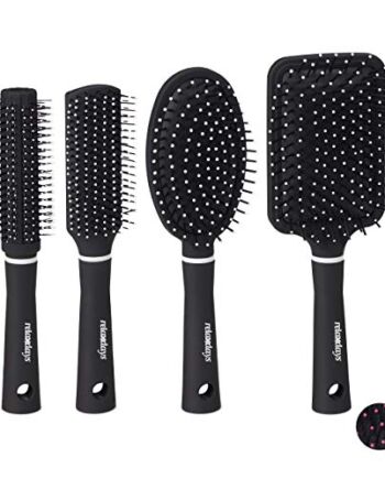 Relaxdays szczotka do włosów, zestaw 4 sztuk, z torbą do podróży, włosie z tworzywa sztucznego, okrągła szczotka podróżna, kolor czarny/biały