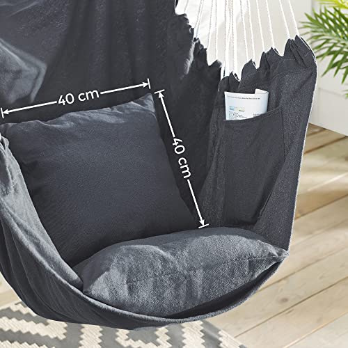 SONGMICS Fotel wiszący, huśtawka wisząca, krzesło z 2 poduszkami, metalowy łańcuch, obciążenie do 150 kg, do wewnątrz i na zewnątrz, salon, sypialnia, ciemnoszary GDC187G02 - obrazek 5