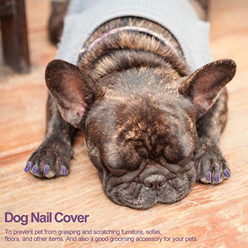 Hffheer Nakładki na paznokcie dla psów, 100 sztuk, kolorowe, miękkie nakładki na pazury dla zwierząt domowych, do kontroli łap za pomocą kleju i aplikatorów, fioletowe L - obrazek 9