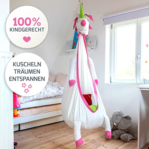Snuutje Wisząca huśtawka dla dzieci (sprawdzona pod kątem obecności substancji szkodliwych i z certyfikatem GS, wykonana w 100% z bawełny, wytrzymuje obciążenie do 80 kg, z akcesoriami) jednorożec - obrazek 4