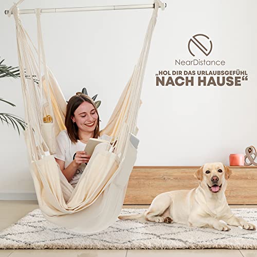 Fotel wiszący do użytku wewnątrz i na zewnątrz, fotel wiszący bez ramy, huśtawka wisząca dla dorosłych i dzieci, z podnóżkiem i poduszką (beżowy z zestawem mocującym) - obrazek 6