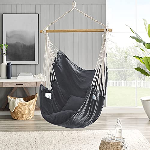 SONGMICS Fotel wiszący, huśtawka wisząca, krzesło z 2 poduszkami, metalowy łańcuch, obciążenie do 150 kg, do wewnątrz i na zewnątrz, salon, sypialnia, ciemnoszary GDC187G02 - obrazek 7