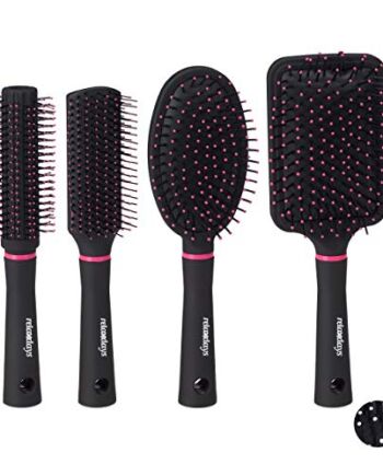 Relaxdays Szczotka do włosów w zestawie 4 szt., z torbą do podróży, włosie z tworzywa sztucznego, okrągła szczotka, szczotka do włosów, czarna/różowa
