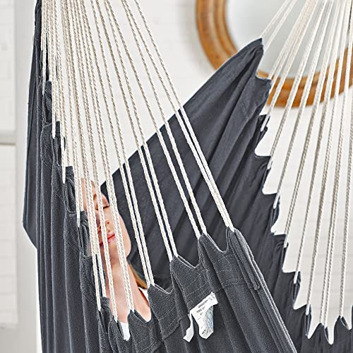 SONGMICS Fotel wiszący, huśtawka wisząca, krzesło z 2 poduszkami, metalowy łańcuch, obciążenie do 150 kg, do wewnątrz i na zewnątrz, salon, sypialnia, ciemnoszary GDC187G02 - obrazek 4