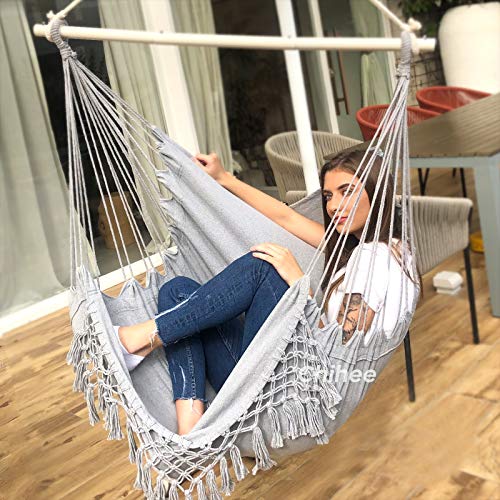 Chihee Krzesło hamakowe duże relaksujące wiszące krzesło huśtawkowe, bawełniany splot dla najwyższego komfortu, eleganckie frędzle, kreatywny metal, mocny drążek, 3-częściowe połączenie, zdejmowane, łatwe w instalacji - obrazek 6