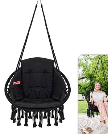 VITA5 Makramee fotel wiszący, do użytku wewnątrz – wygodny, styl boho, do ogrodu i na balkon, huśtawka z miękką poduszką, wiszący fotel do użytku na zewnątrz, z pokrowcem odpornym na warunki atmosferyczne (czarny)