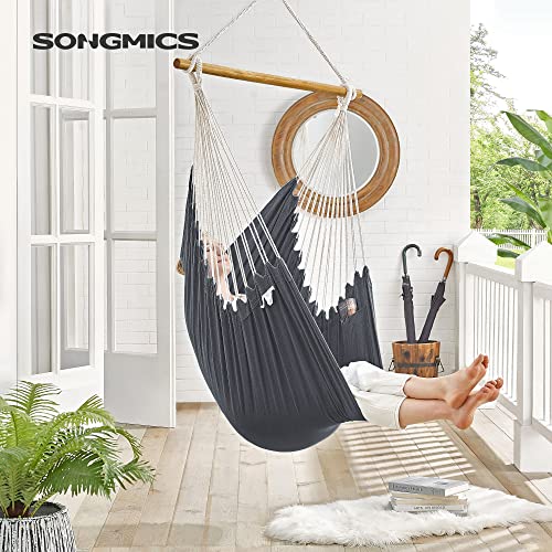 SONGMICS Fotel wiszący, huśtawka wisząca, krzesło z 2 poduszkami, metalowy łańcuch, obciążenie do 150 kg, do wewnątrz i na zewnątrz, salon, sypialnia, ciemnoszary GDC187G02 - obrazek 8