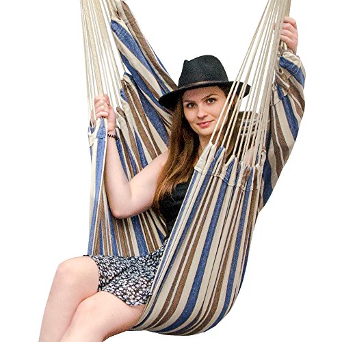 AMANKA XXL wiszące siedzisko 185x130 hamak do siedzenia w niebieskie i brązowe paski - obrazek 5