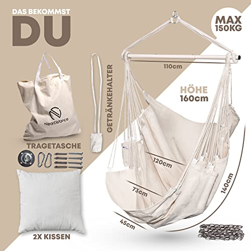 Fotel wiszący do użytku wewnątrz i na zewnątrz, fotel wiszący bez ramy, huśtawka wisząca dla dorosłych i dzieci, z podnóżkiem i poduszką (beżowy z zestawem mocującym) - obrazek 2