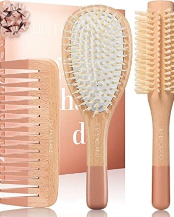 Zestaw drewnianych pędzli do włosów - szczotka wiosłowa, okrągła szczotka i grzebień, szczotki do włosów z miękkim włosiem, szczotki do włosów dla kobiet od Lily England (różowe złoto)