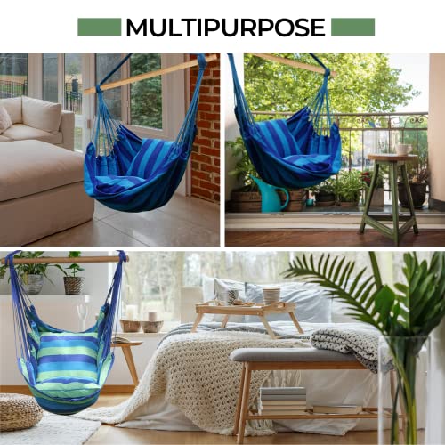 Fotel Wiszący Bawełniany z 2 Poduszkami i Podpórka do Drewna. Hamak do Siedzenia do Użytku do Wewnątrz i na Zewnątrz (Dom, Pokój Dziecięcy, Ogród) Obciążenie120kg. (130x100cm) - obrazek 5