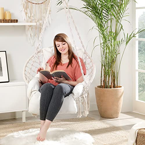 SONGMICS Fotel wiszący, wiszący z grubą poduszką, obciążenie do 120 kg, do ogrodu, na balkon, do salonu, na taras, skandynawski styl, nowoczesny, beżowy GDC042M01 - obrazek 5