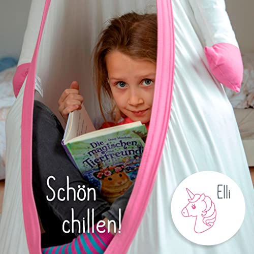 Snuutje Wisząca huśtawka dla dzieci (sprawdzona pod kątem obecności substancji szkodliwych i z certyfikatem GS, wykonana w 100% z bawełny, wytrzymuje obciążenie do 80 kg, z akcesoriami) jednorożec - obrazek 3