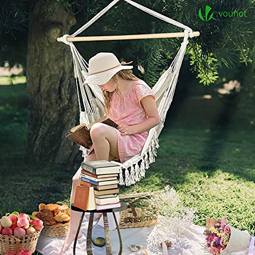 VOUNOT Miękkie bawełniane wiszące krzesło z 2 poduszkami wiszące, wiszące siedzisko do wewnątrz i na zewnątrz, przenośny hamak z frędzlami beżowy - obrazek 6