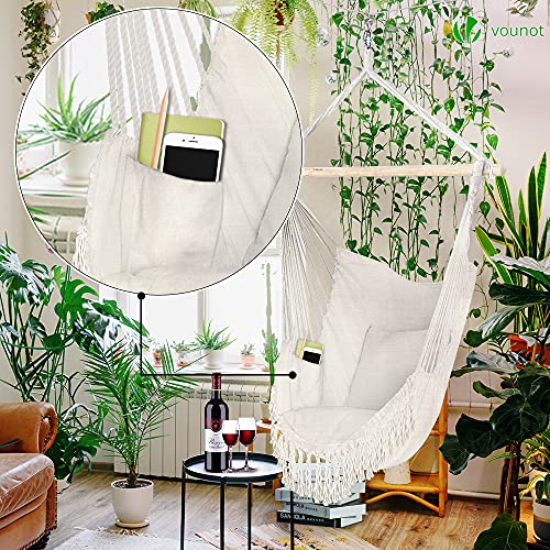 VOUNOT Miękkie bawełniane wiszące krzesło z 2 poduszkami wiszące, wiszące siedzisko do wewnątrz i na zewnątrz, przenośny hamak z frędzlami beżowy - obrazek 7