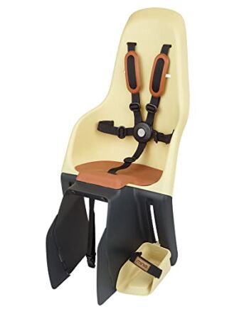 MINIA do Carrier 8405700003 – Tylny fotelik dziecięcy do roweru zmontowany na bagażniku, zalecany wiek od 9 miesięcy do 6 lat i maksymalna waga 22 kg w kolorze żółtym.