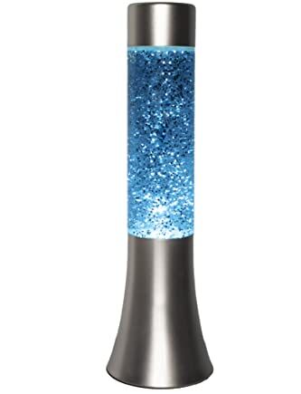 Fisura - Lampa z lawą w kolorze niebieskim. Lampa lawowa 30 cm ze srebrną podstawą, niebieskim płynem i brokatem. Lampa z efektem relaksacyjnym. 9x9x30 cm