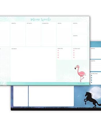 2 x podkładka na biurko / plan tygodniowy do odrywania, format DIN A3 (42 x 29,7 cm), 25 arkuszy / podkładka do pisania dla dzieci, nastolatków i dorosłych / plan tygodniowy / lista rzeczy do zrobienia (koń i flaming)