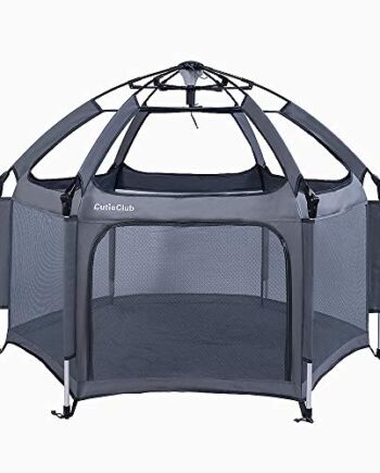 CutieClub przenośny kojec do zabawy z materacem bezpieczeństwa dla niemowląt i niemowląt, najlepszy 6-panelowy dziecięcy kojec z baldachimem anty-UV do użytku wewnątrz i na zewnątrz (szary)
