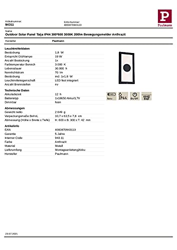 Paulmann 94311 panel solarny LED Taija IP44 300 * 600 200 lm czujnik ruchu czworok. w kompl. 1x1,8 W lampa solarna antracyt solar metal 3000 K - obrazek 2