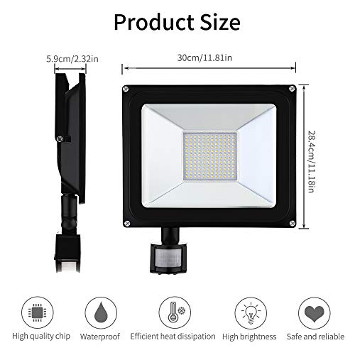 100W Reflektor LED z czujnikiem ruchu, wodoszczelny IP65 reflektor aluminiowy, 10000lm, 3000K ciepłe światło, reflektor LED, oświetlenie zewnętrzne do ogrodu, garażu, na boisko sportowe - obrazek 9