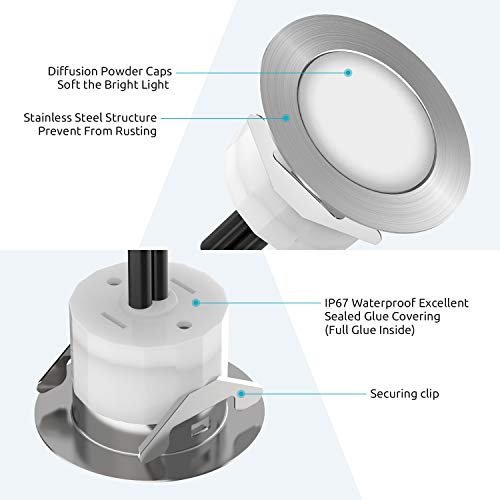 Lampy do zabudowy na zewnątrz, zestaw 10 lamp LED do wbudowania w podłogę do użytku na zewnątrz z kontrolerem Tuya Smart Life (RGB + ciepłe światło), DC12 V, Ø 45 mm, wys. 26 mm, IP67, wodoszczelne oświetlenie tarasowe do ogrodu, drewnianego mostu i basenu - obrazek 9