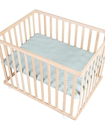 roba Kojec z naturalnego buku ekologicznego, 75 x 100 cm, w zestawie wkładka ochronna "roba Style Frosty Green" – 3-stopniowa regulacja wysokości – kratka do zabawy z regulowanymi kółkami