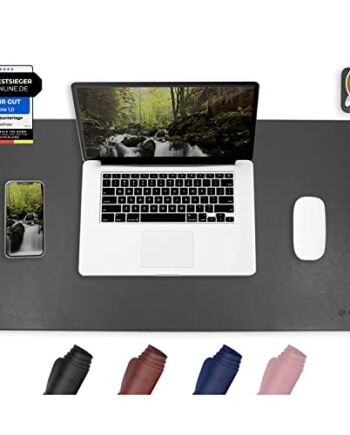 Vadisso® Podkładka na biurko z wegańskiej skóry, 80 x 40 cm, czarna, w zestawie dodatkowa podstawka, duża podkładka pod mysz, zmywalna, podkładka na biurko, ultra cienka i antypoślizgowa, do domowego biura, laptopa i biura