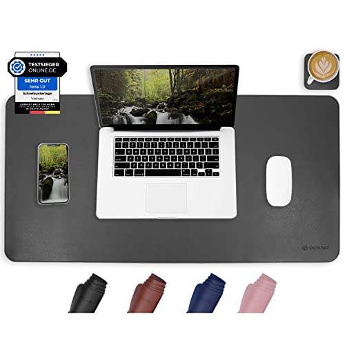 Vadisso® Podkładka na biurko z wegańskiej skóry, 80 x 40 cm, czarna, w zestawie dodatkowa podstawka, duża podkładka pod mysz, zmywalna, podkładka na biurko, ultra cienka i antypoślizgowa, do domowego biura, laptopa i biura