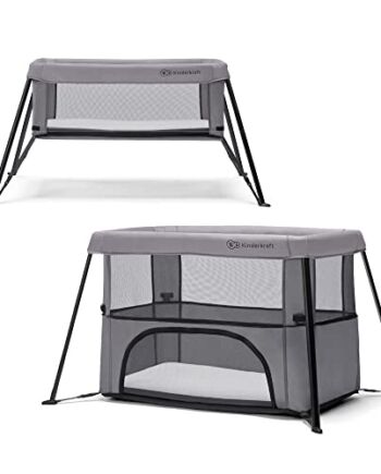 Kinderkraft MOVI Łóżeczko turystyczne 2w1 od urodzenia, Funkcja kojca, Proste i szybkie składania do niewielkich rozmiarów, 2 Wysokości materaca, Łatwe czyszczenie, Torba w zestawie, Szary